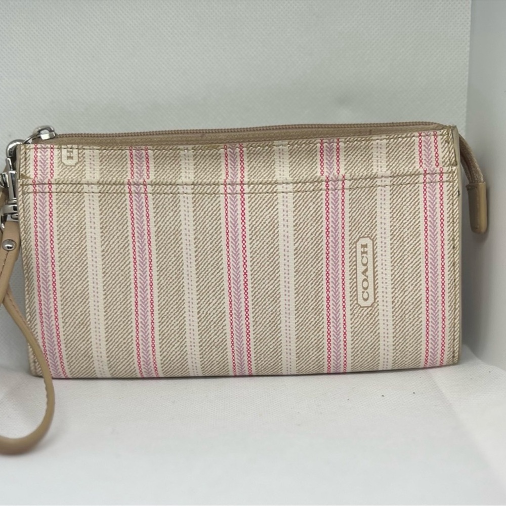 Coach Tan and Pink Striped Wristlet